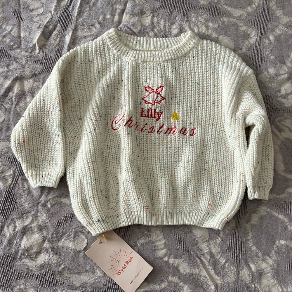 Wyld Bub Lilly Christmas sweater cream flecked cotton knit size 6-9M NWT!